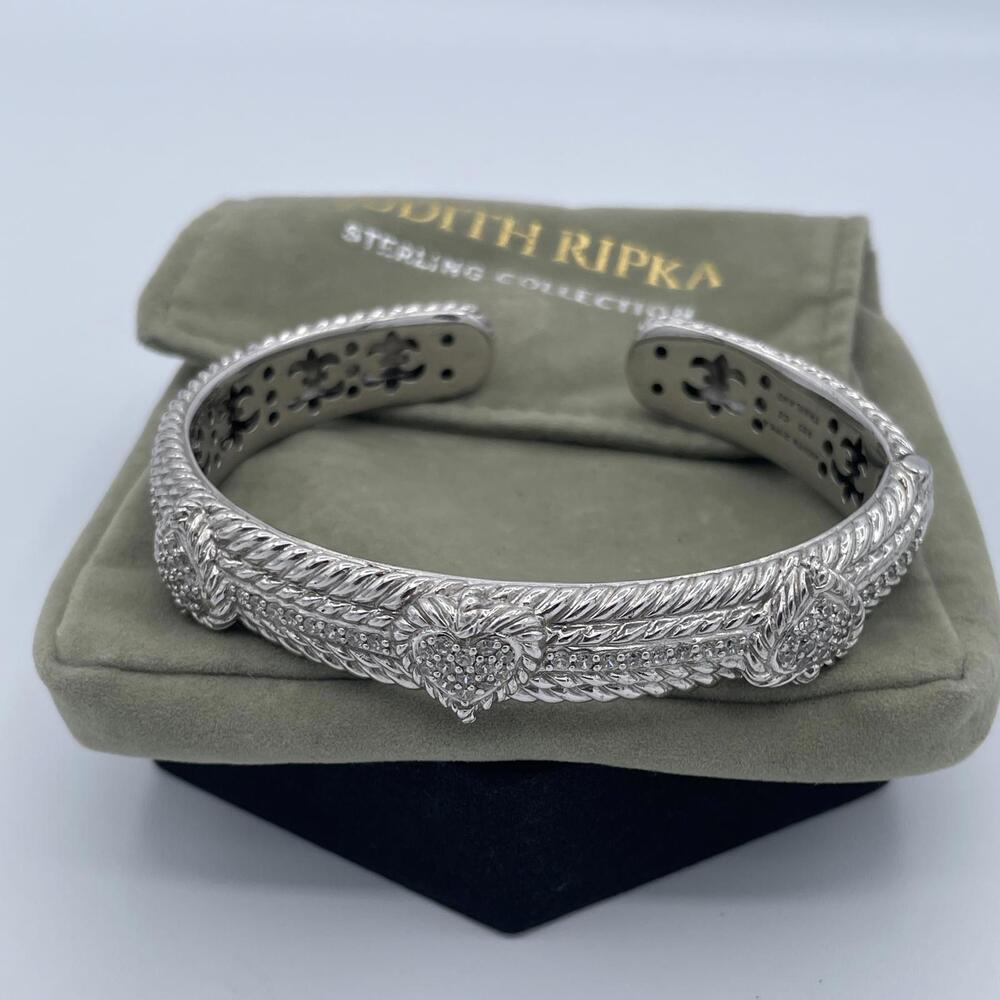 Judith Ripka Sterling Silver Diamonique Heart Cuff Bracelet CZ Pave 925 Signed